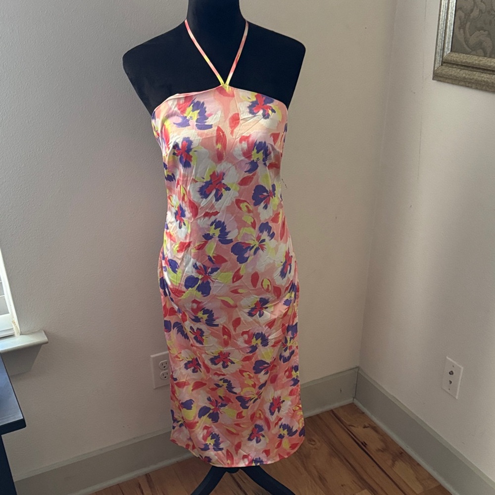 VILA satin Floral Halter Neck Midi Dress Rugged sides high slit Sz 6 EU 36